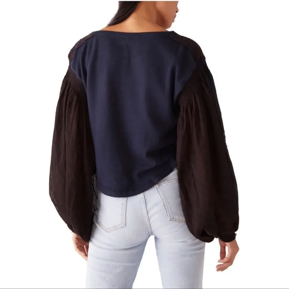 Free People Light Magic Henley Top Blouse Deep Navy XS NWT